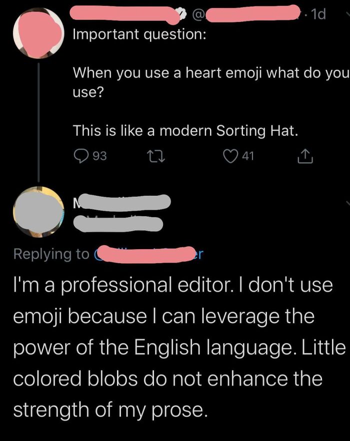 Screenshot of a cringe-worthy Twitter exchange about using heart emojis versus professional editing skills.