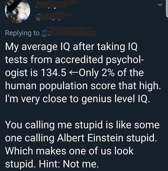 Screenshot of a social media post claiming a high IQ and comparing being called stupid to calling Einstein stupid, a cringe moment.