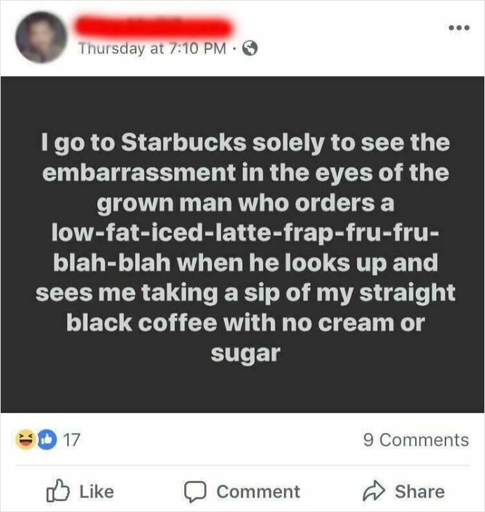 Post humorously describing the embarrassment felt by a man ordering a complicated Starbucks drink, capturing cringe moments.