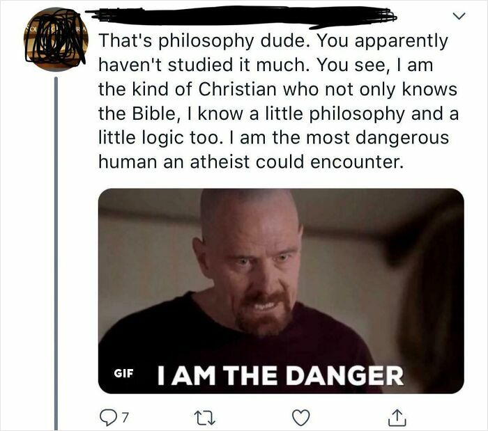 Twitter post with a man declaring himself the most dangerous human an atheist could encounter, highlighting cringe moments.