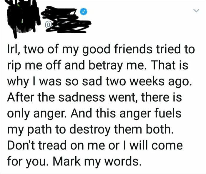 Screenshot of a social media post expressing anger and betrayal, evoking feelings connected to cringeworthy moments.