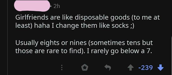 Screenshot of a cringe-worthy online comment comparing girlfriends to disposable goods, highlighting the feeling of awkwardness.