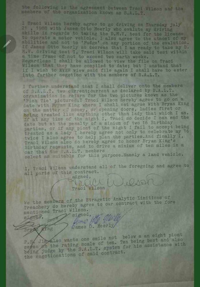 Old typed contract with handwritten signatures and annotations related to mysterious and unsettling agreements.