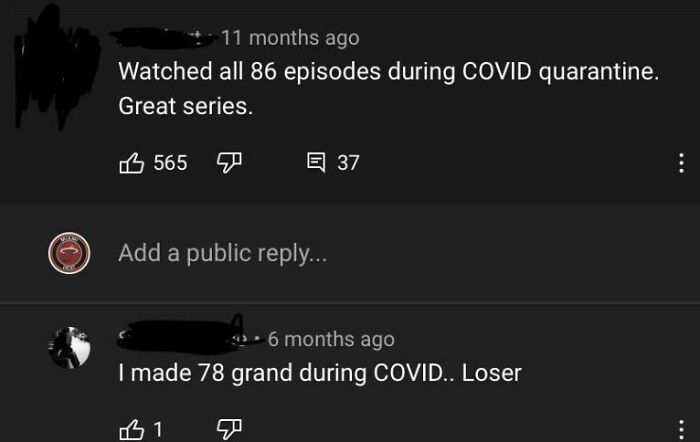 Screenshot of online comments showing a COVID quarantine series enjoyment and a contrasting reply about earnings, highlighting cringe moments.
