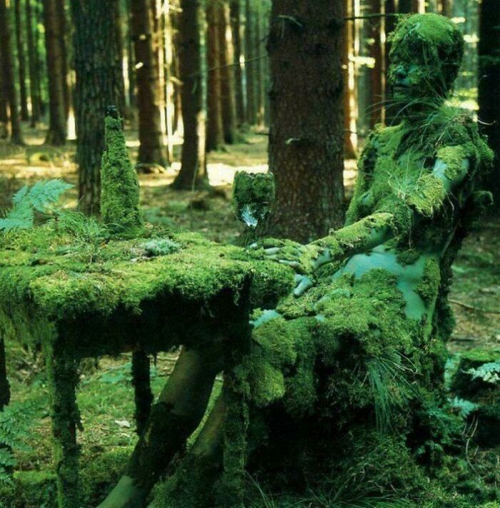 A creepy moss-covered figure sitting at a mossy table in a dense forest, evoking eerie and weird vibes.
