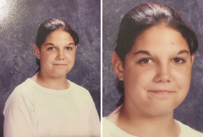 Young person with thick, uneven eyebrows that create a crazy and distinct look on their face.