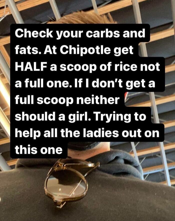 Person wearing sunglasses on shirt back with text about carbs and fats portion control, a cringe-worthy advice reminder.