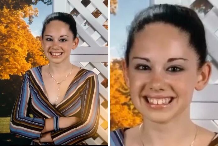Young woman with crazy eyebrows that seem to live their own lives, smiling in an outdoor setting with autumn foliage.