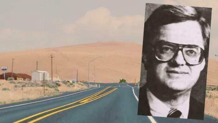 Black and white photo of a man with glasses over a desert road scene representing unsettling mysteries that continue to fascinate.