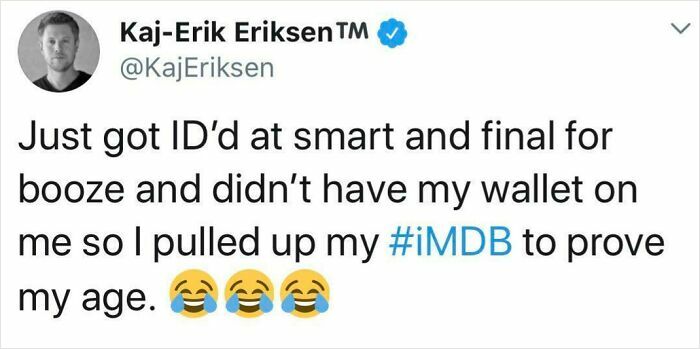 Tweet screenshot of a man humorously using his IMDb profile to prove his age, showing a cringeworthy moment.