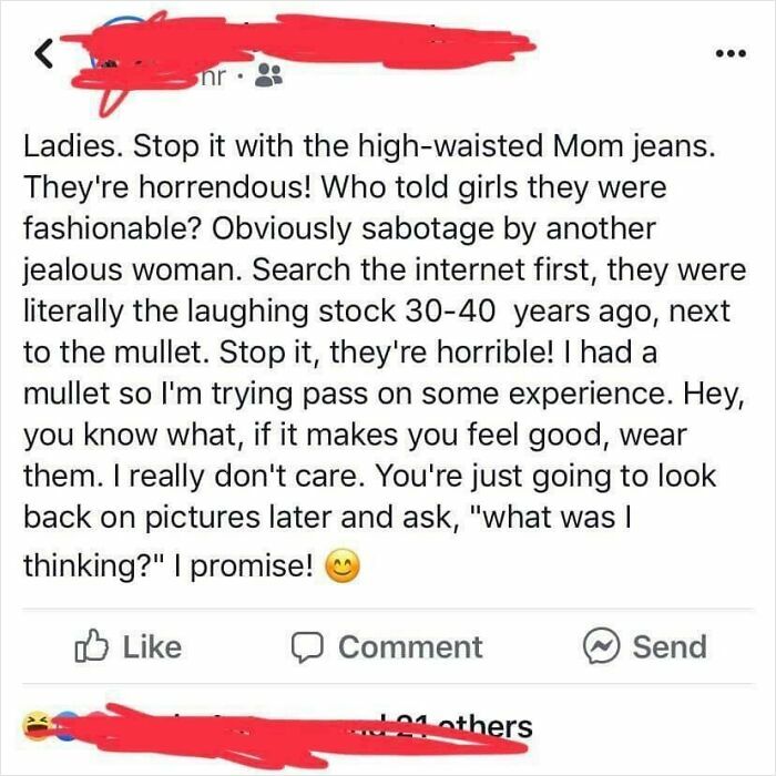 Social media post criticizing high-waisted mom jeans as a cringe-worthy fashion trend to avoid.