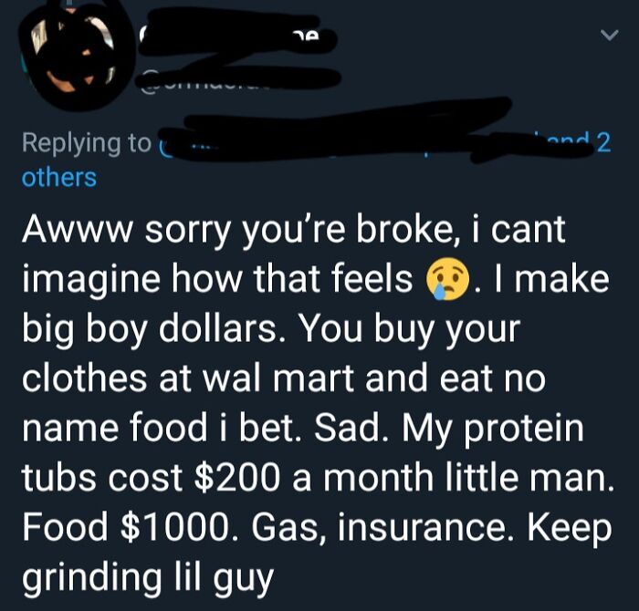 Screenshot of a cringe Twitter reply mocking someone's financial status, highlighting the feeling of awkwardness and discomfort.