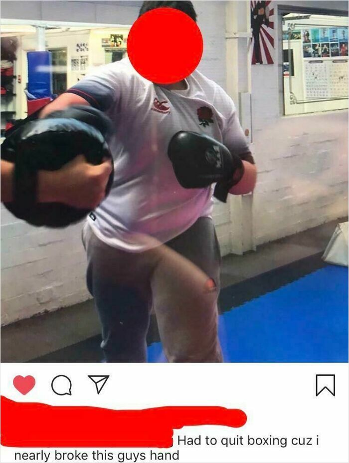 Man wearing boxing gloves misses punch, highlighting cringe moment in awkward training session at gym.