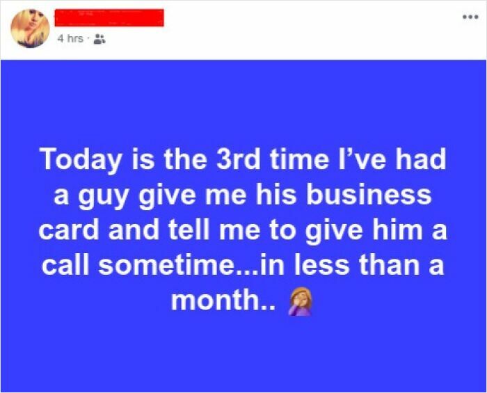 Social media post about awkward repeated business card offers causing cringeworthy moments.