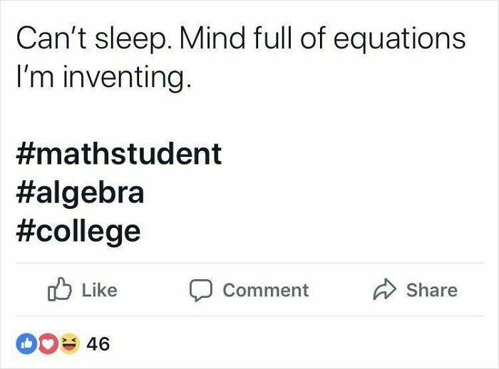 Text post about a math student who can't sleep because their mind is full of algebra equations, highlighting cringe moments.