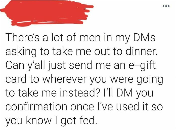 Funny cringe-worthy text about men asking for dinner, humorously requesting e-gift cards instead, showing awkward social moments.