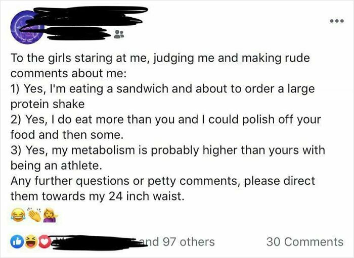 Social media post addressing judgment while eating, highlighting confidence and metabolism in a cringe-worthy photo collection.