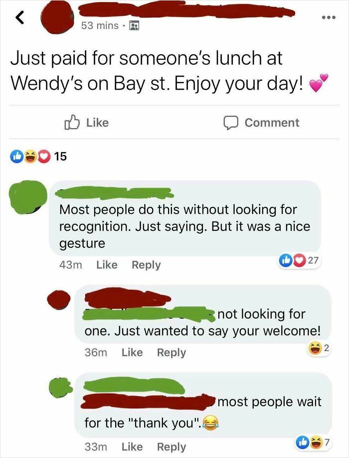 Screenshot of a social media post about paying for lunch, highlighting cringe-worthy online interactions and reactions.
