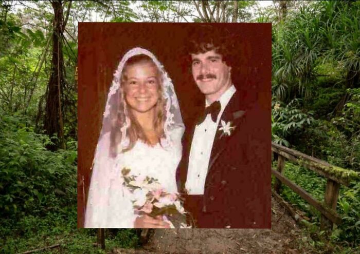 Bride and groom smiling on wedding day photo superimposed on a mysterious dense forest, unsettling mysteries theme.
