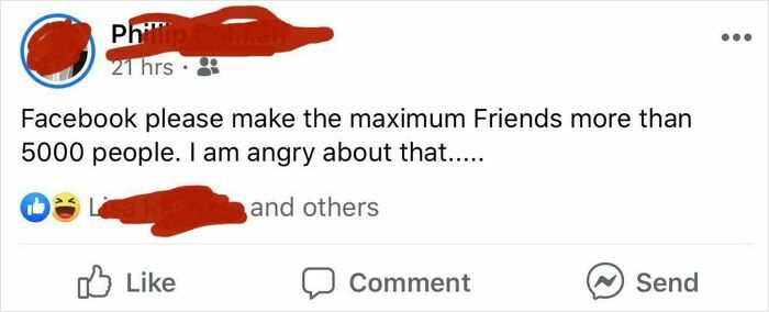 Facebook post complaining about the maximum friends limit, illustrating relatable cringe-worthy moments from real social media.