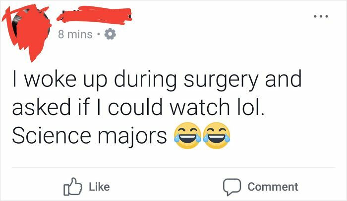 Social media post with humorous text about waking up during surgery, evoking cringe and awkward moments.