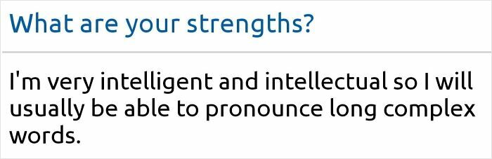 Text image showing a question about strengths with a humorous answer about pronouncing long complex words, evoking a cringeworthy moment.