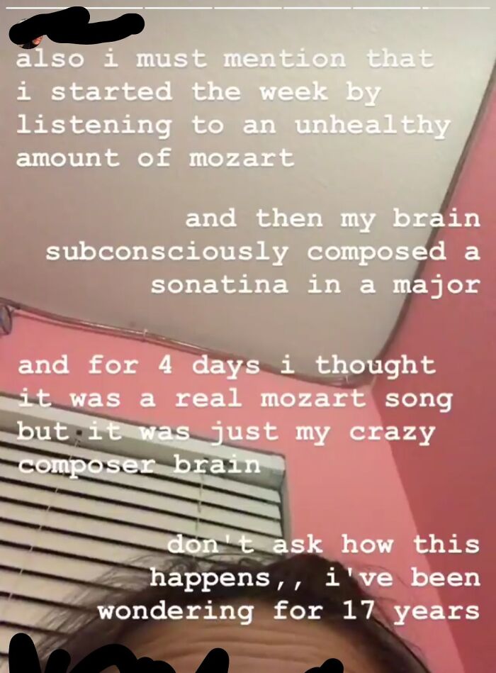 Text overlay on wall above a window describing a person's cringe-worthy experience composing a fake Mozart sonatina subconsciously.