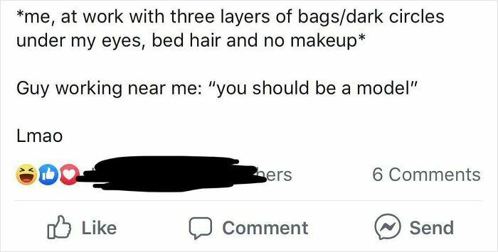 Social media post showing a cringeworthy moment at work with dark circles, bed hair, and no makeup.