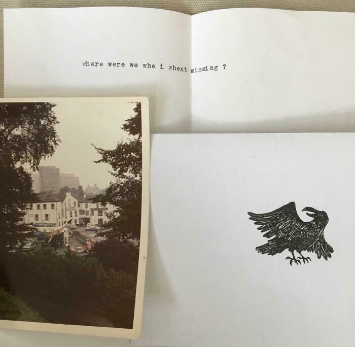 Old photograph, typewritten note questioning a missing person, and an illustration of a black crow symbolizing unsettling mysteries.