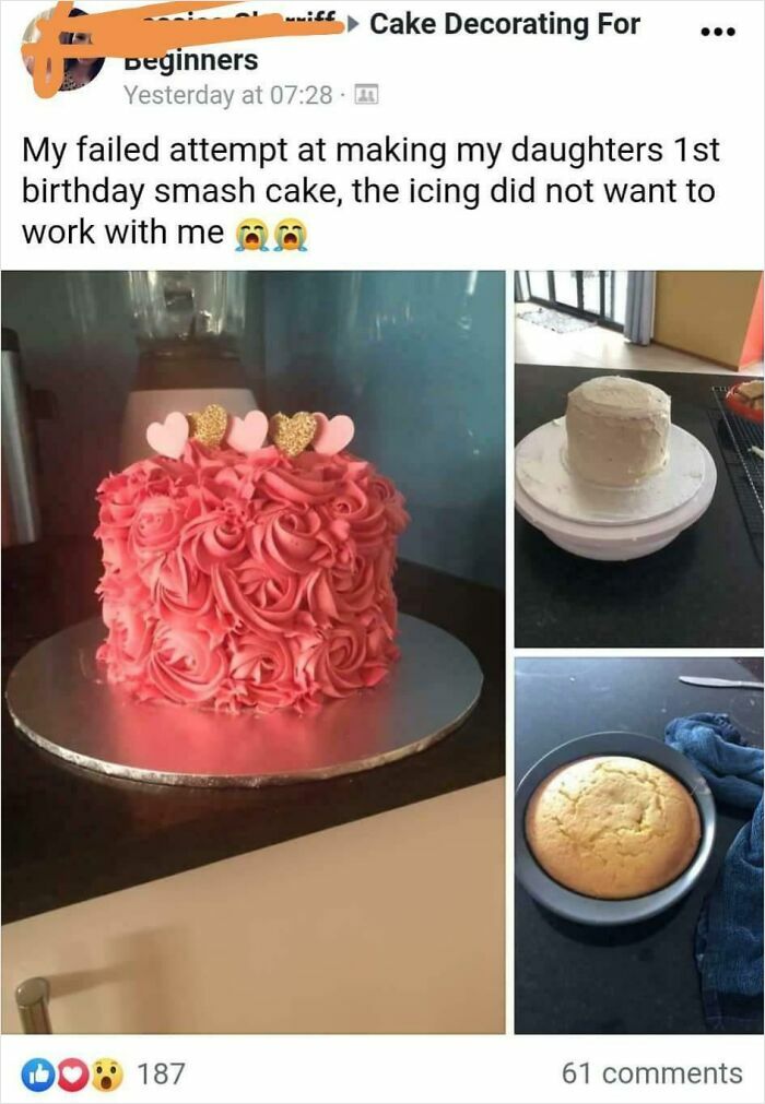 Failed attempt at decorating a first birthday smash cake with uneven icing and imperfect frosting, showing cringe-worthy results.