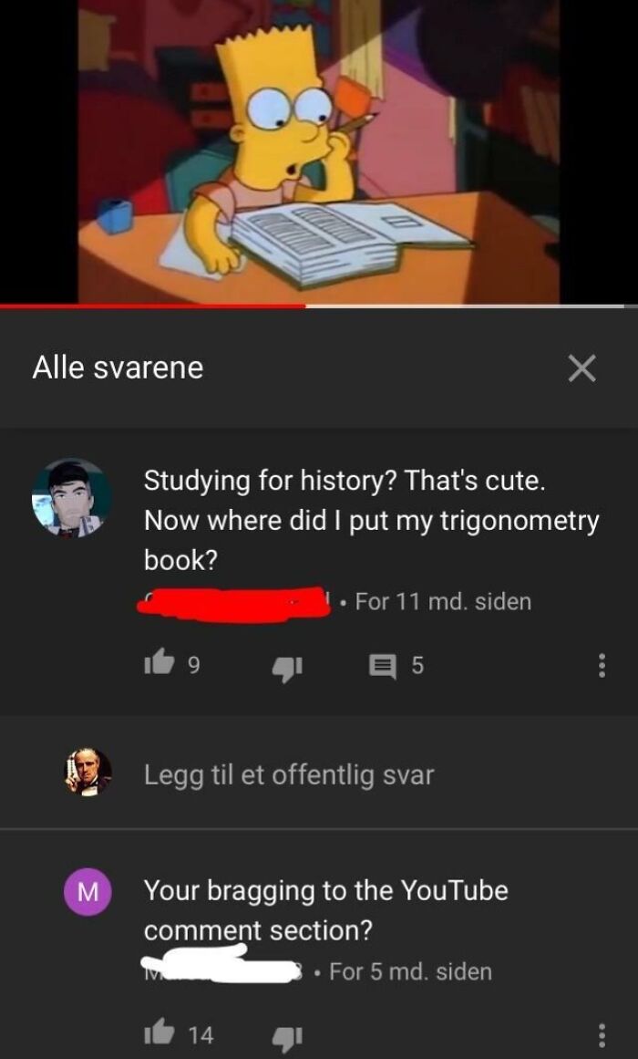 Bart Simpson looking stressed while studying at a desk with cringeworthy YouTube comments below the video screenshot.