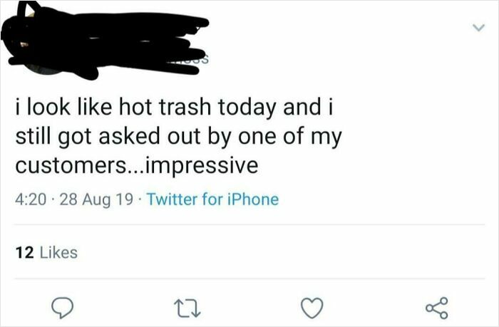 Tweet about looking like hot trash but still impressively getting asked out by a customer, capturing cringe moments in relatable photos.