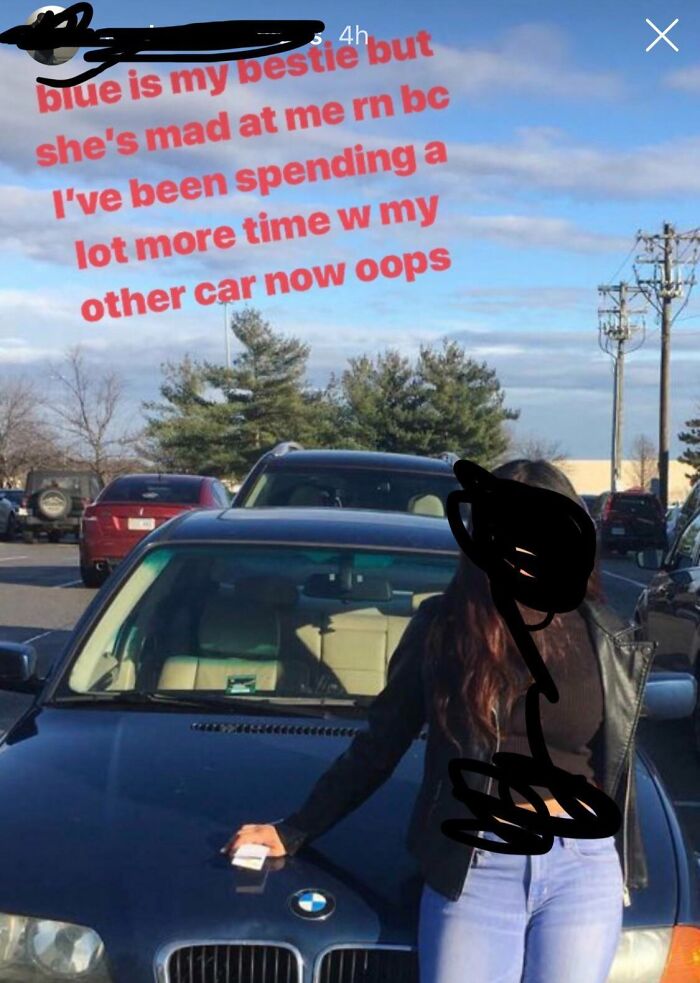 Person leaning on a black BMW in a parking lot, with text about spending more time with another car cringing moment.