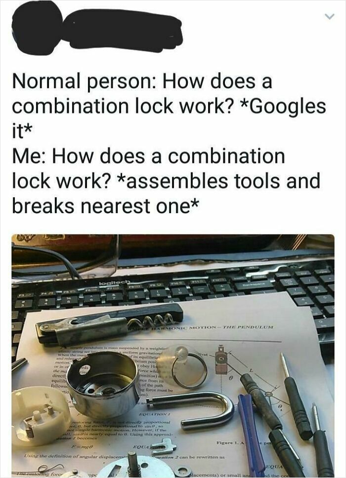 Meme showing humorous contrast in understanding combination locks with tools and broken lock, highlighting cringe moments in photos.
