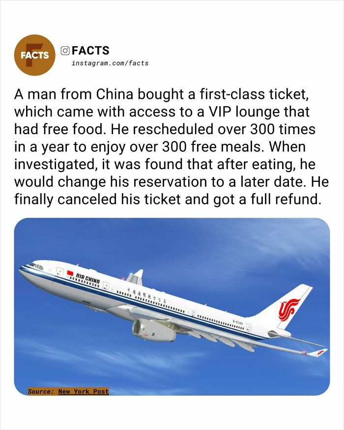 Man from China used first-class ticket VIP lounge repeatedly to get free meals, showcasing clever brain-care and daily interesting facts.