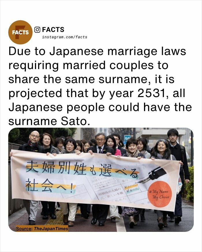 Group of people holding a banner about Japanese marriage laws and surname choices for daily brain-care facts.