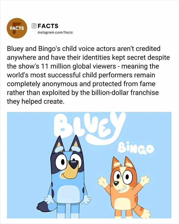 Bluey and Bingo cartoon characters with facts about anonymous child voice actors for daily brain-care insights.
