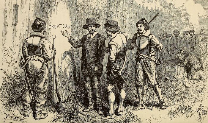 Vintage illustration of settlers discovering the Croatoan mystery carved on a tree, an unsettling mystery from history.