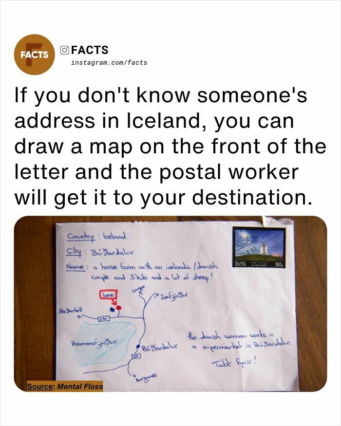 Envelope showing a hand-drawn map for postal delivery in Iceland, illustrating interesting facts for daily brain-care.