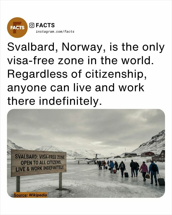 Svalbard Norway visa-free zone with people walking on icy runway, illustrating interesting facts for daily brain care.