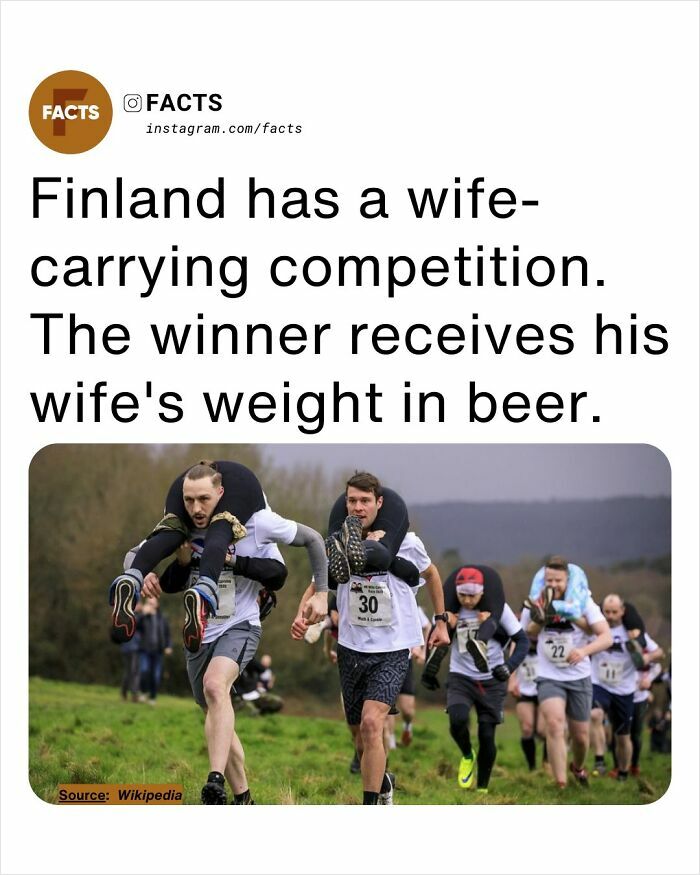 Participants in Finland's wife-carrying competition race, highlighting interesting facts for daily brain-care and enlightenment.