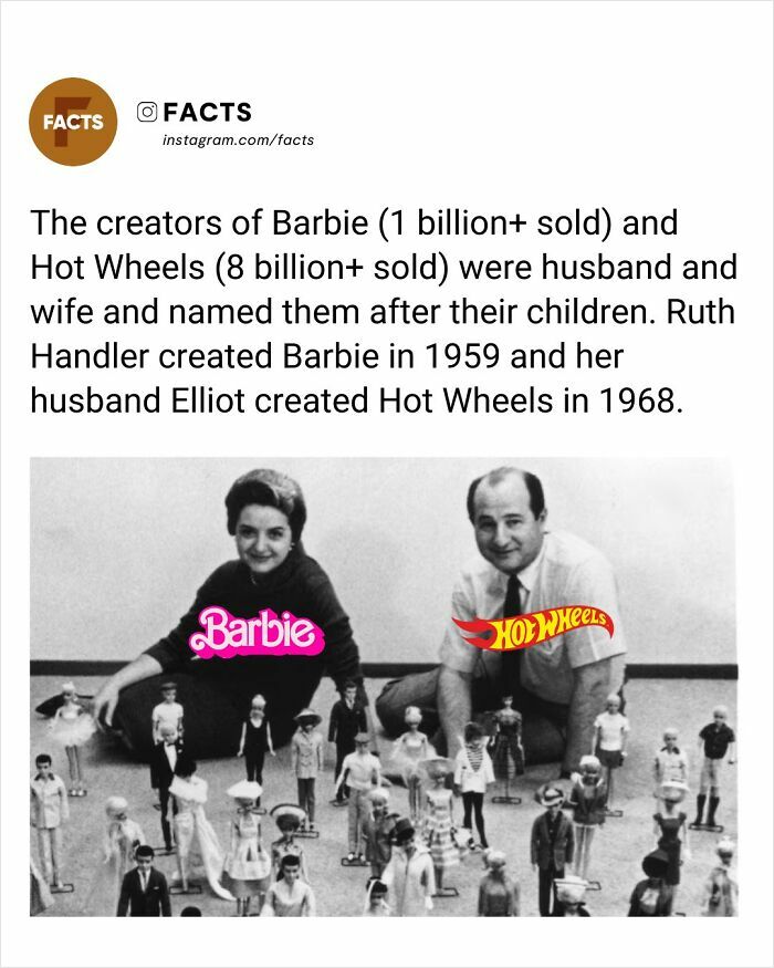 Creators of Barbie and Hot Wheels, a husband and wife duo, with vintage dolls displayed for daily brain-care facts.