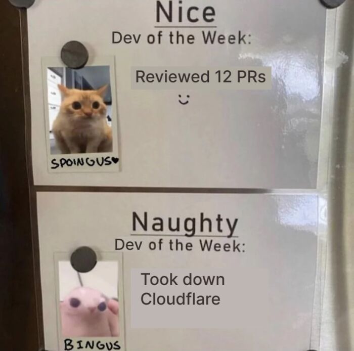 Funny programming meme showing Dev of the Week board with humorous achievements, highlighting debugging struggles.