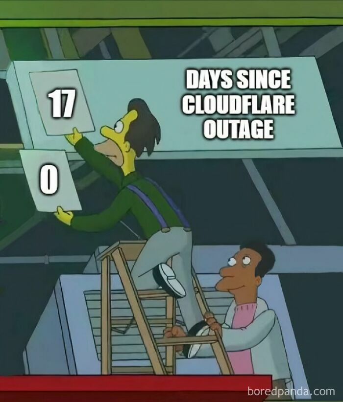 Animated scene showing two characters on a ladder updating a sign about days since Cloudflare outage, illustrating debugging struggle.
