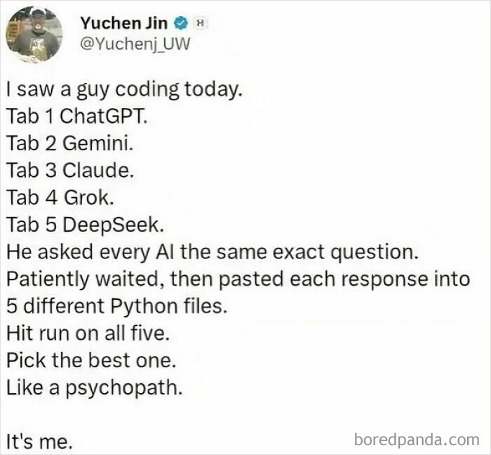 Tweet humor about coding using multiple AI tools to debug Python files, highlighting the universal struggle of programming.
