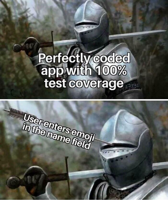 Knight in armor with sword in two panels, symbolizing debugging struggles in programming with test coverage and user input errors.