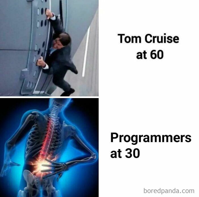 Comparison meme showing Tom Cruise hanging from a car and an x-ray of a programmer with back pain, highlighting debugging struggle.