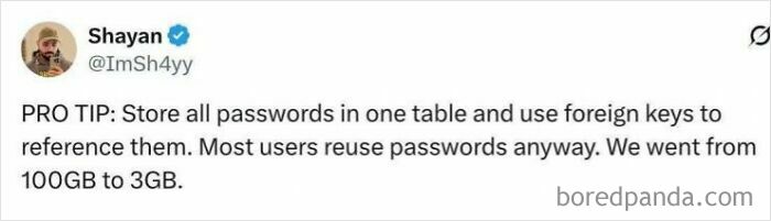 Tweet humor about programming highlighting password storage and database size, illustrating debugging as an annoying struggle.