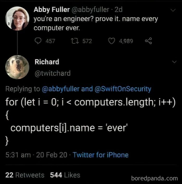 Programming meme showing a clever JavaScript loop joke, highlighting the humorous side of debugging struggles.