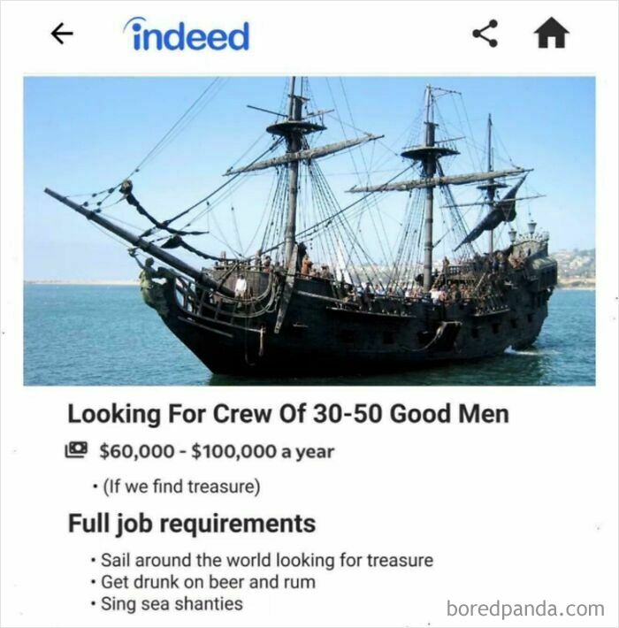 Job listing meme showing a pirate ship and humorous debugging struggle in programming culture.